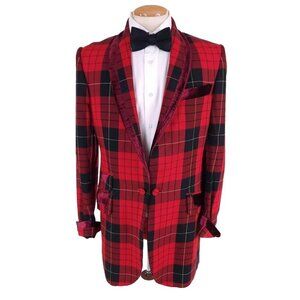 A Child of The Jago Wool Red Plaid Long Blazer 38 M RARE Velvet Trim Mens